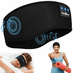 MUSICOZY Schlafkopfhörer Bluetooth, Schlaf Kopfhörer Stirnband Schlaf-Ohrhörer Headband Schlafmaske Sportskopfhörer 16+STD Bequemes Musik Stirnband zum Schlafen für Sport Training Joggen Yoga Reisen Dunkelschwarz