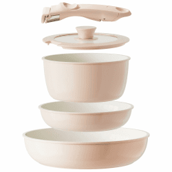 Redchef Topfset Pfannenset Keramik mit Abnehmbaren Griff, Wohnmobil Kochgeschirr Set für Camping, Keramik Ungiftiges Topf, PTFE-frei PFAS-frei PFOA-frei, Platzsparend, Spülmaschinenfest, Rosa 5-Teilig Rosa