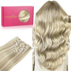 WENNALIFE Clip in Extensions Echthaar, 35cm 14 Zoll 120g 7pcs Aschblond Highlights Platinblond Hair Extensions Clip in Echthaar Remy Clip in Haarverlängerung Natürliche Echthaar Extensions 35cm-120g #17A/60A Aschblond Highlights Platinblond