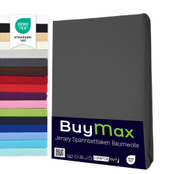 Buymax Spannbettlaken 180x200cm Baumwolle 100% Spannbetttuch Bettlaken Jersey, Matratzenhöhe bis 25 cm, Farbe Anthrazit 180x200x30 cm Anthrazit 1
