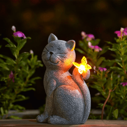 Yeomoo Katzen Figuren mit Solar Schmetterling Deko Wohnzimmer Gartendeko für draußen: Lustig katze Geschenk für Frauen Mama Geburtstagsgeschenk Gartenfiguren Wasserdicht Zimmer Garten Balkon Deko Grau 1.katzen Grau