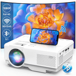 Mini Beamer, 5G WiFi Bluetooth Projektor Full HD 1080P, AKATUO 12000L Beamer Klein mit 50% Zoom, Heimkino Beamer für Handy Phone, Kompatibel mit Smartphone/HDMI/USB/Fire TV Stick