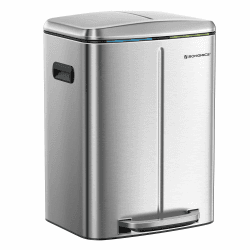 SONGMICS 40 L Mülleimer mit 2 Fächern, 2 x 20 L, Abfalleimer, Treteimer aus Metall, Inneneimer aus Kunststoff, mit Klappdeckel und Griffen, Softclose, luftdicht, silbern LTB40NL