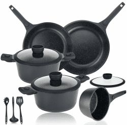 DIVORY Induktion Topfset - 14-teiliges Kochgeschirr-Set mit Deckel, beschichteten Töpfen und Pfannen mit abnehmbarem Griff, inklusive Kochgeschirr und Geschenkbox Schwarz 14tlg. Set