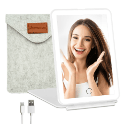 FUNTOUCH Wiederaufladbarer Kosmetikspiegel mit Beleuchtung, 72 LED Leuchten Schminkspiegel mit Aufbewahrungstasche,3-Farben Dimmbarer Touchscreen,Tragbarer Reise Spiegel, Faltbarer Makeup Reisespiegel Weiß mit Tasche