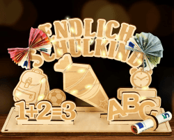 Giftota Geldgeschenk Einschulung mit LED Lichterkette - Endlich Schulkind - Einschulung Junge Mädchen, Schulanfang Geschenke aus Holz