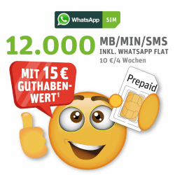WhatsApp SIM Prepaid - Starterpaket mit 15 EUR Guthabenwert, ohne Vertragsbindung, Option mit 12.000 Einheiten (MB/MIN/SMS), Surf-Geschwindigkeit: 50 MBit/s 5G Single