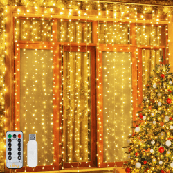 Ollny Lichtervorhang innen aussen, 3x3m 300 LED Lichterkette außen innen USB mit Fernbedienung Timer, dimmbar Lichterketten Vorhang für Fenster Weihnachten Schlafzimmer Wand(warmweiß) Warmweiß-pvc