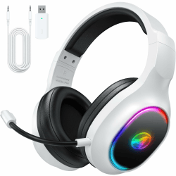Awinnasey 2,4 GHz Wireless Gaming Headset, Geräuschunterdrückende Kabellose Kopfhörer mit Abnehmbarem Mikrofon für PC, Mac, Switch, PS4, PS5, Bluetooth Kopfhörer mit Kabel 3.5mm, Weiß PRO Weiß