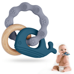 Vicloon Beißring für Babys, Beißring Spielzeug aus Silikon und Holzringe, Baby Zahnungshilfe BPA-frei, Schmerzlindernde Zahnen Nursing Zubehör für ab 3 Monaten Babys(Wal Blau) Wal-Blau