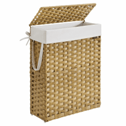 SONGMICS Wäschekorb schmal, Wäschesammler 55 L, Wäschebox aus synthetischem Rattan, mit Deckel und Griffen, geflochten, faltbar, herausnehmbarer Wäschesack, Waschraum pastellgelb LCB164N01 Pastellgelb 46 x 20 x 61 cm
