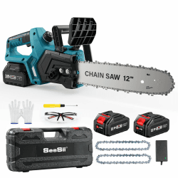 SeeSii Akku Kettensäge 12 Zoll, 10000mAh Elektro Kettensäge, 1200W Bürstenloser Motor, Automatische Kettenschmierung, Werkzeuglose Kettenspannung, 30cm Schwertlänge, Ideal für Brennholz & Baum 12 Zoll-10000mAh