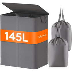 Lifewit 145L Wäschekorb mit 2 Fächern, faltbarer großer Wäschekorb mit Deckel und 2 herausnehmbaren Wäschesäcken für Kleidung, Wäsche, Bad, Grau Grau 145L