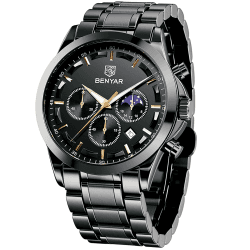 BY BENYAR Uhren Herren Chronograph Analog Quarz Wasserdicht Armbanduhr Herren Mode Lässig Business Herrenuhr mit Kalender Lederarmband/Edelstahlarmband Uhr Geschenk für Männer 5160-schwarzschwarz