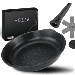 DIVORY große Pfanne 28cm I Abnehmbarer Griff, Induktion, beschichtet, Aluminium – Bratpfanne groß + Pfannenschoner - Induktionspfanne Schwarz 28 cm