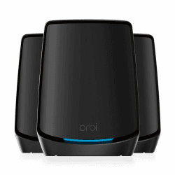NETGEAR Orbi WiFi 6 Mesh WLAN System (RBK863SB), Triband Mesh, Router mit 2 Satelliten-Repeatern, Abdeckung von bis zu 540 m² und 100 Geräten, Armor Abonnement, AX6000 (bis zu 6 GBit/s) schwarz 3er Pack