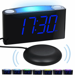 Mesqool VibrationsWecker, Digital Gehörlosen Wecker mit 7-Farbiges Nachtlicht, Große LED-Anzeige, Helligkeitsregler, 2 USB-Ladeanschlüsse, 12/24 H, lauteste Wecker für Schwere Schwellen, Schlafzimmer Blau