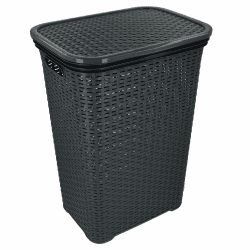 HRB Wäschekorb mit Deckel Rattan, Wäscheaufbewahrung aus Kunststoff, Wäsche Sortierer (65 L - Eckig, Anthrazit)