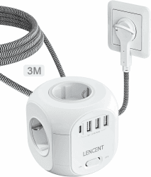 LENCENT 4 Fach Steckdosenleiste Flachstecker Steckdosenwürfel Mehrfachsteckdose 8 in 1 Cube Steckdose Steckerleiste mit 3 USB&1 Typ-C, Mehrfachstecker mit 3 Meter Geflochtenem Kabel für Wandsteckdose 3 Meter 1 Typ-C & 3USB-A