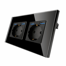 CNBINGO Glas Doppelsteckdose mit USB Ports (Max.2,1 Amp) - Zweifach Steckdose Unterputz in Schwarz - Schuko Schutzkontakt Wandsteckdose mit Glasrahmen A+A-Bl Doppelsteckdose mit 2x USB A+A Schwarz