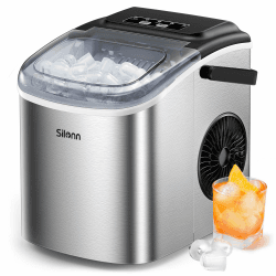 Silonn Eiswürfelmaschine, Eiswürfelbereiter 9 Würfel in 6 Minuten fertig, 12 KG in 24 Stunden, Selbstreinigende Kleine Eiswürfelmaschine, 2 Eiswürfel Größen für Küche, Büro, Bar und Party, Edelstahl 1.2 L Edelstahl-Tragbar