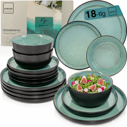 SÄNGER Fiji| Steingut Geschirr Set 18 tlg, Teller Set 6 Personen, Geschirrset 6x Speiseteller 6x Müslischalen 6x Dessertteller, Tafelservice dunkelgrün kratzfest, Essgeschirr | VALUE COLLECTION Fiji Geschirrset 18 tlg.