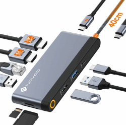 NOVOO USB C Docking Station Dual HDMI 10 IN 1 USB C Hub 2 HDMI 8K@30Hz/4K@60Hz, Gigabit Ethernet, 4X USB C/USB A Ports, PD 100W Schnellladen, SD/TF Kartenleser für MacBook Dell Surface HP(40cm Kabel) 10-in-1-Dual HDMI