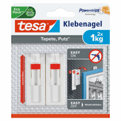 tesa Klebenagel für Tapeten und Putz / Selbstklebende Nägel für empfindliche Oberflächen / Leicht anzubringen und zu entfernen - rückstandslos / 2 x 1kg Halteleistung 2x 1,0kg Single