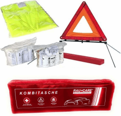 Rau PKW KFZ Verbandkasten 2024 Verbandtasche Warndreieck Warnweste Erste Hilfe Kombitasche rot, Erste Hilfe nach DIN 13164 + Warndreieck ECE + Warnweste EN