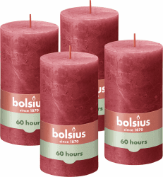 Bolsius Rustik Stumpenkerzen - Rot - 4 Stück - 13 x 7 cm - Länge Brenndauer 60 Stunden - Unparfümierte - Natürliches Pflanzenwachs - Ohne Palmöl Rot 13 x 7 cm