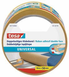 tesa Doppelseitiges Klebeband Universal - Vielseitiges Klebeband für Verpackungen, Deko und Teppiche oder zum Basteln - 10 m x 50 mm 1 Rolle Single