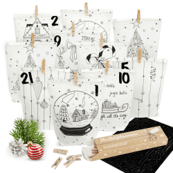 AMARI ® Adventskalender zum Befüllen - 24 Papier Adventstüten (mit Holzklammern) zum Basteln für Weihnachten - Papier Weihnachtstüten mit Zahlenaufkleber White Black