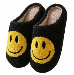 Meik Mangni Hausschuhe mit Fröhliches Gesicht Damen Herren Weicher Plüsch Retro Hausschuhe Frauen Bequeme Warme Pantoffeln Trendiger Slipper drinnen und draußen,35-46 EU 42/43 EU Schwarz