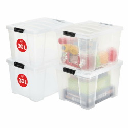 Iris Ohyama, Aufbewahrungsbox aus Kunststoff, 4er-Set, 30L - HB-30 - Transparent, L43 x T35 x H25.5 cm Transparent / Schwarze Griffe 30L / 4er-Set