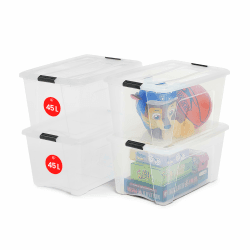 Iris Ohyama Aufbewahrungsboxen mit Deckel, 45L, 4er-Set, Transparent, Sicherer Verschluss, Stapelbar, Griffe, Schlafzimmer, Schrank, Büro, Organisation, BPA-freies Plastik, Ordnungsboxen, NTB-45 Transparent / Schwarze Griffe 45L / 4er-Set