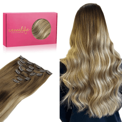 WENNALIFE Clip in Extensions Eechthaar, 40cm 16 Zoll 120g 7pcs Ombré Walnuss Braun bis Ash Braun und Bleach Blonde Hair Extensions Remy Clip in Echthaar Verlängerung Natürliche Eechthaar Extensions 40cm-120g #3/8/613 Ombré Walnuss Braun bis Ash Braun und