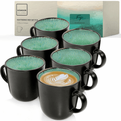 SÄNGER Fiji | Kaffeebecher 6 Personen, Steingut Kaffeetassen Set 6er, Tassen Set Teetasse Set spülmaschinenfest mikrowellenfest, Coffee Mug multifunktional dunkelgrün 430 ml | VALUE COLLECTION Fiji Kaffeebecher 6 tlg.