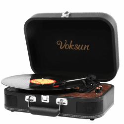 Plattenspieler, VOKSUN Bluetooth Schallplattenspieler Vinyl Plattenspieler Turntable und Digital Encoder mit 3-Gang 33/45/78 U/min Eingebauter 2 Stereo Lautsprecher Aux-In RCA,Kofferdesign (Leder) Schwarz