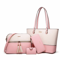 YTL Damen Handtasche Tote Shopper Groß Schultertasche Umhängetasche Geldbörse Kartenhalter Tasche 4-teiliges Set für Büro Schule Einkauf Reise Geschenk Beige-rosa