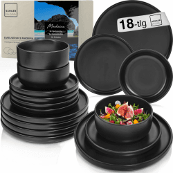 SÄNGER Madeira | Steingut Geschirr Set 18 tlg, Teller Set 6 Personen, Geschirrset 6x Speiseteller 6x Müslischalen 6x Dessertteller, Tafelservice schwarz kratzfest, Essgeschirr | VALUE COLLECTION Geschirrset 18 Tlg.