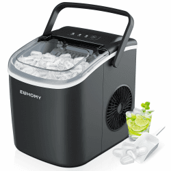 EUHOMY Eiswürfelmaschine Klein, 12KG Eiswürfelbereiter Ice Maker, 9 Würfel in 6 Minuten fertig, Schwarz Eiswürfelmaschine mit Tragbarem Griff, 12KG/24H, Selbstreinigendes Eiswürfelmaschinen Schwarz-12kg
