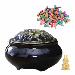 Incense Burner, Incense Bowl Holder， Cone Incense Burner, Ceramic Censer Suitable for Incense/Cone/Coil/Sticks, There Are 20 Incense Cones+ Metal Incense Holder Inside. (Obsidian Black)