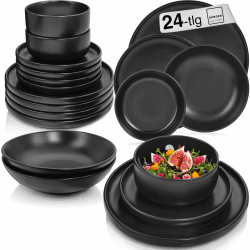 SÄNGER Madeira | Kombiservice 24 teilig, Steingut Geschirr Set 6 Personen, 6x Teller Set 6x Frühstücksteller 6x Tiefe Teller 6x Suppenteller Geschirrset und Schale schwarz | VALUE COLLECTION Geschirrset 24 Tlg.