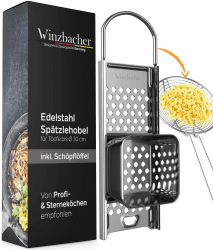 Winzbacher Edelstahl Spätzlehobel + Schöpflöffel [Topf Ø von 16-30cm] Spülmaschinenfest | Rostfrei | Spätzlereibe, Spätzlesieb, Spätzlepresse | für Spätzle & Knöpfle