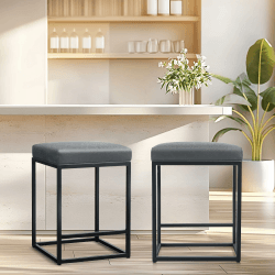 ALPHA HOME Barhocker 2er Set mit Fußstütze Barstuhl Grau ohne Lehne Barhocker Pu-Leder Sitzhöhe 61cm Barstühle Rückenfreier Sitzhocker mit dickem Kissen und robustem verchromtem Metallgestell 61cm Hoch Grau-gray