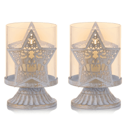 Sziqiqi 2er Set Vintage Kerzenleuchter Kerzenständer Kerzenhalter Windlichthalter aus Metall für Stumpenkerzen, Hurricane Kerzenständer Dekoration für Party Weihnachten Tisch Mantel Kamin, Weiß Weiß Stern × 2