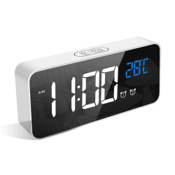 LATEC Digitaler Wecker mit Große LED Temperaturanzeige, Tischuhr mit 10 Musik, USB Ladeanschluss, 4 Helligkeit und Lautstärke Regelbar, Snooze, tragbarer Spiegelalarm mit 2 Alarmen, 12/24HR Weiß