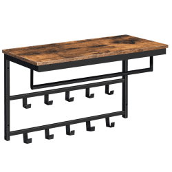 HOOBRO Wandgarderobe mit Ablage, Wandregal mit 10 Haken und Stangen, Wandmontiertes Hängeregal, 60 x 30 x 42 cm, für Flur, Wohnzimmer, Schlafzimmer, Badezimmer, Industriestil EBF60YM01 Dunkelbraun + Schwarz 60 x 30 x 42 cm