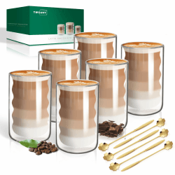 Latte Macchiato Gläser Doppelwandig 400ml 6er Pack mit 6 Löffeln Doppelwandige Kaffeegläser Cappuccino Tassen Glas Spiralförmig Thermogläser Teegläser aus Borosilikatglas 6x400ml+6 Löffel