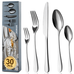 BEWOS Besteck Set für 6 Personen, 30 teilig Essbesteck Set inkl. Messer, Gabel, Löffel, Besteck Edelstahl Spiegelpoliert, Spülmaschinenfest 30 Stück Silberne Runde Griffe 30 Stück